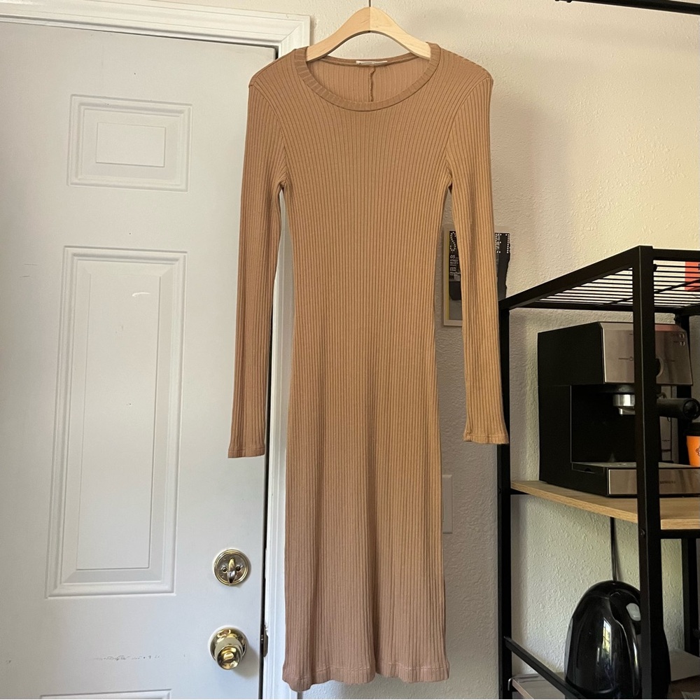 REFORMATION tan peach tencel modal rib knit scoop neck long sleeve midi dress